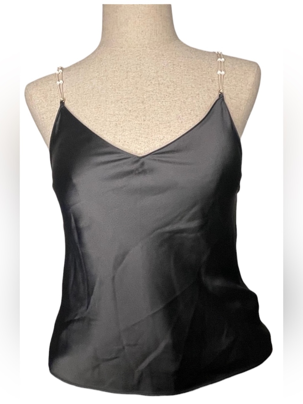 Victoria's Secret Black Satin Cami with Pearl-Strap Detail